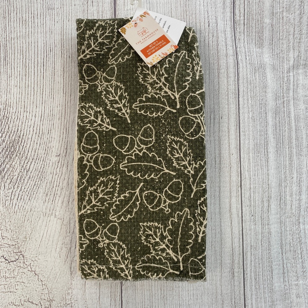 Rachel Ashwell The Farmhouse Kitchen Towels (3) Green Fall Acorn Leaf Autumn